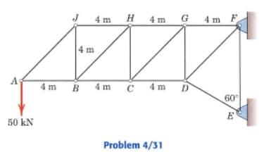 4 m H 4 m G
4 m F
4 m
4 m
B 4 m C 4m D
60
E
50 kN
Problem 4/31
