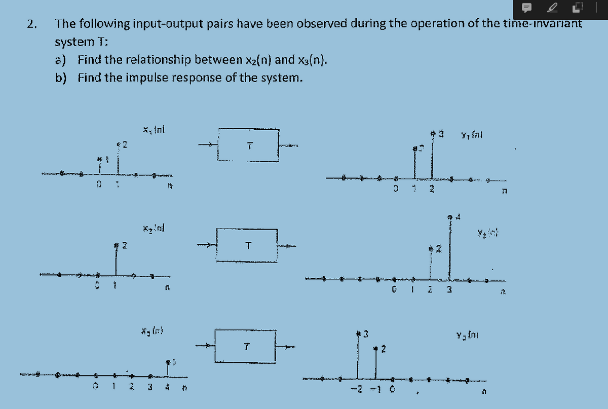 2.
The following input-output pairs have been observed during the operation of the time-invariant
system T:
a) Find the relationship between x2(n) and x3(n).
b) Find the impulse response of the system.
* int
中
min
2
3
--2 -1 C
