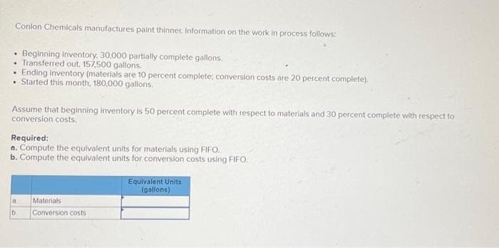 Conlon Chemicals manufactures paint thinner. Information on the work in process follows:
Beginning inventory. 30,000 partially complete gallons.
.
• Transferred out, 157,500 gallons.
• Ending inventory (materials are 10 percent complete; conversion costs are 20 percent complete).
. Started this month, 180,000 gallons.
Assume that beginning inventory is 50 percent complete with respect to materials and 30 percent complete with respect to
conversion costs.
Required:
a. Compute the equivalent units for materials using FIFO.
b. Compute the equivalent units for conversion costs using FIFO.
8.
b
Materials
Conversion costs
Equivalent Units
(gallons)