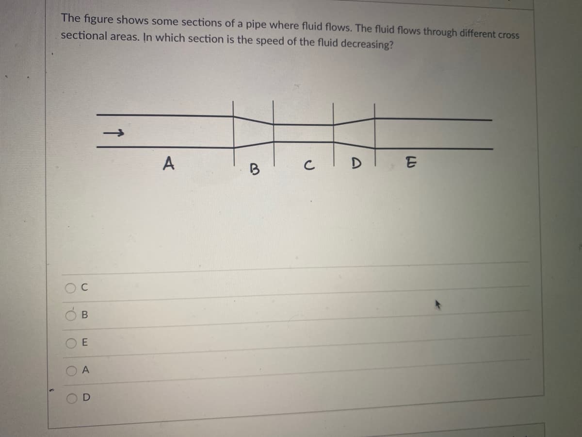 The figure shows some sections of a pipe where fluid flows. The fluid flows through different cross
sectional areas. In which section is the speed of the fluid decreasing?
A
B
C
D
C
E
