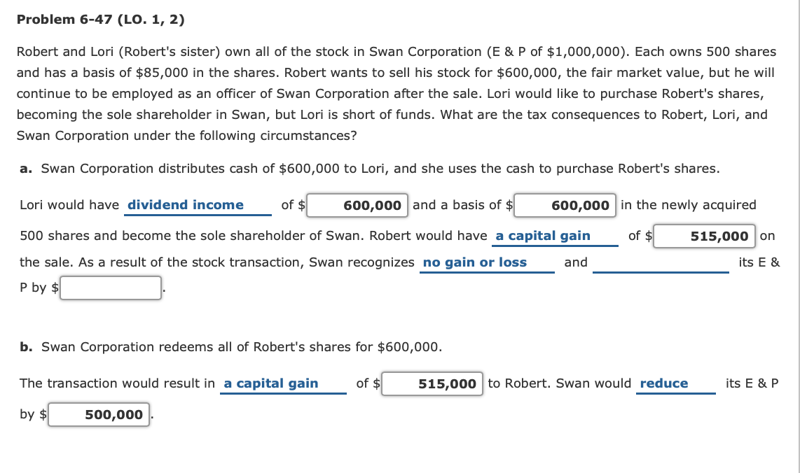 Problem 6-47 (LO. 1, 2)
Robert and Lori (Robert's sister) own all of the stock in Swan Corporation (E & P of $1,000,000). Each owns 500 shares
and has a basis of $85,000 in the shares. Robert wants to sell his stock for $600,000, the fair market value, but he will
continue to be employed as an officer of Swan Corporation after the sale. Lori would like to purchase Robert's shares,
becoming the sole shareholder in Swan, but Lori is short of funds. What are the tax consequences to Robert, Lori, and
Swan Corporation under the following circumstances?
a. Swan Corporation distributes cash of $600,000 to Lori, and she uses the cash to purchase Robert's shares.
Lori would have dividend income
of $
600,000 and a basis of $
600,000 in the newly acquired
500 shares and become the sole shareholder of Swan. Robert would have a capital gain
of $
515,000 оn
the sale. As a result of the stock transaction, Swan recognizes no gain or loss
and
its E &
P by $
b. Swan Corporation redeems all of Robert's shares for $600,000.
The transaction would result in a capital gain
of $
515,000 to Robert. Swan would reduce
its E & P
by $
500,000
