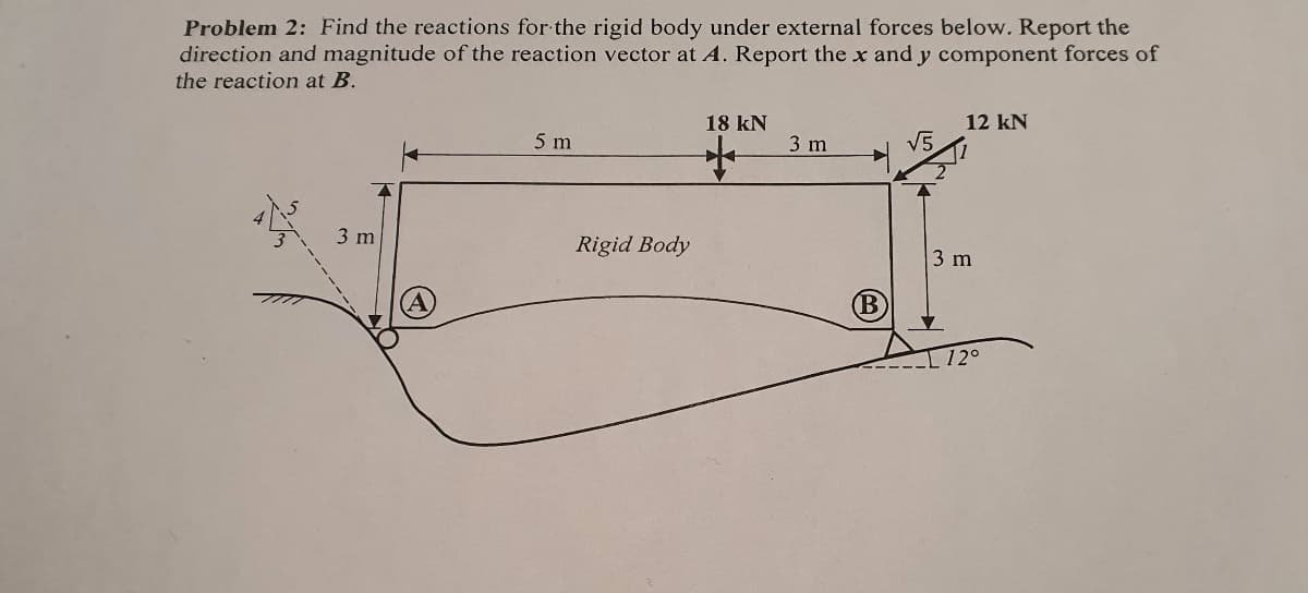 Problem 2: Find the reactions for the rigid body under external forces below. Report the
direction and magnitude of the reaction vector at A. Report the x and y component forces of
the reaction at B.
3 m
5 m
Rigid Body
18 kN
+
3 m
√5
12 kN
3 m
12°