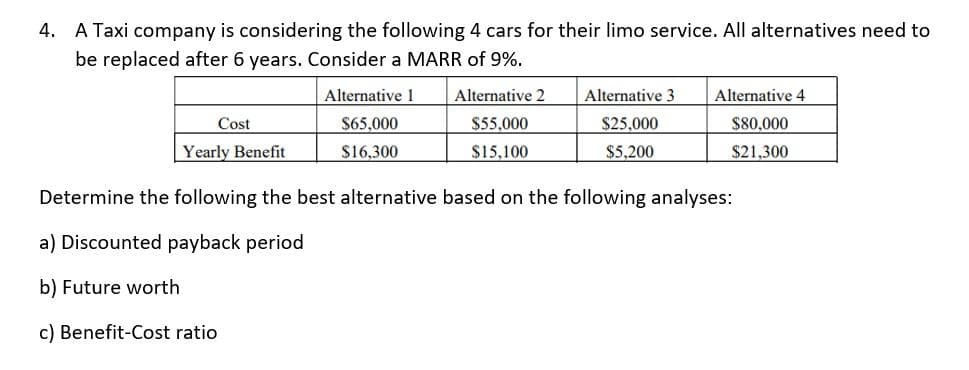 4. A Taxi company is considering the following 4 cars for their limo service. All alternatives need to
be replaced after 6 years. Consider a MARR of 9%.
Cost
Yearly Benefit
Alternative 1
$65,000
$16,300
Alternative 2
$55,000
$15,100
Alternative 3
$25,000
$5.200
Alternative 4
$80,000
$21,300
Determine the following the best alternative based on the following analyses:
a) Discounted payback period
b) Future worth
c) Benefit-Cost ratio