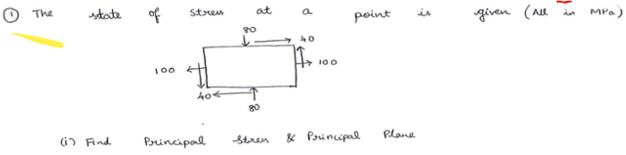 at
state
of
given (All in
The
Stres
point
is
MPa)
80
100
100
i) And
Principal
Stren
& Principal
Plane
