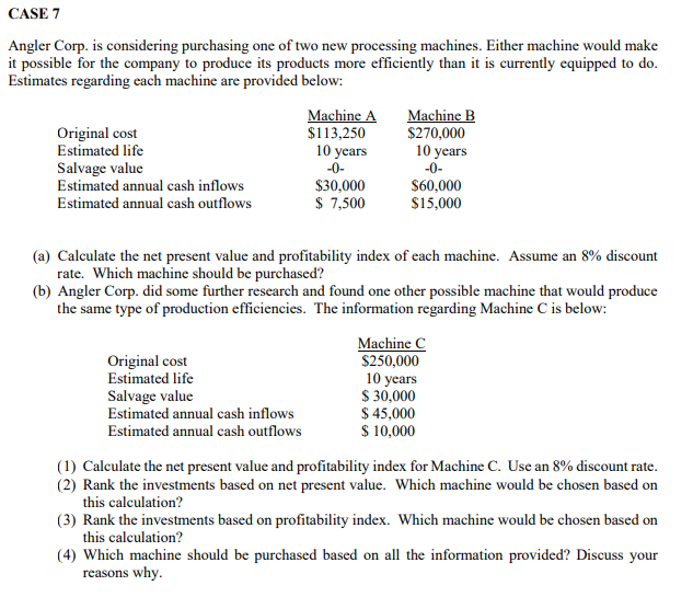 CASE 7
Angler Corp. is considering purchasing one of two new processing machines. Either machine would make
it possible for the company to produce its products more efficiently than it is currently equipped to do.
Estimates regarding each machine are provided below:
Original cost
Estimated life
Salvage value
Estimated annual cash inflows
Machine A
$113,250
10 years
-0-
Machine B
$270,000
10 years
-0-
$30,000
$ 7,500
S60,000
$15,000
Estimated annual cash outflows
(a) Calculate the net present value and profitability index of each machine. Assume an 8% discount
rate. Which machine should be purchased?
(b) Angler Corp. did some further research and found one other possible machine that would produce
the same type of production efficiencies. The information regarding Machine C is below:
Original cost
Estimated life
Salvage value
Estimated annual cash inflows
Machine C
$250,000
10 years
$ 30,000
$ 45,000
$ 10,000
Estimated annual cash outflows
(1) Calculate the net present value and profitability index for Machine C. Use an 8% discount rate.
(2) Rank the investments based on net present value. Which machine would be chosen based on
this calculation?
(3) Rank the investments based on profitability index. Which machine would be chosen based on
this calculation?
(4) Which machine should be purchased based on all the information provided? Discuss your
reasons why.
