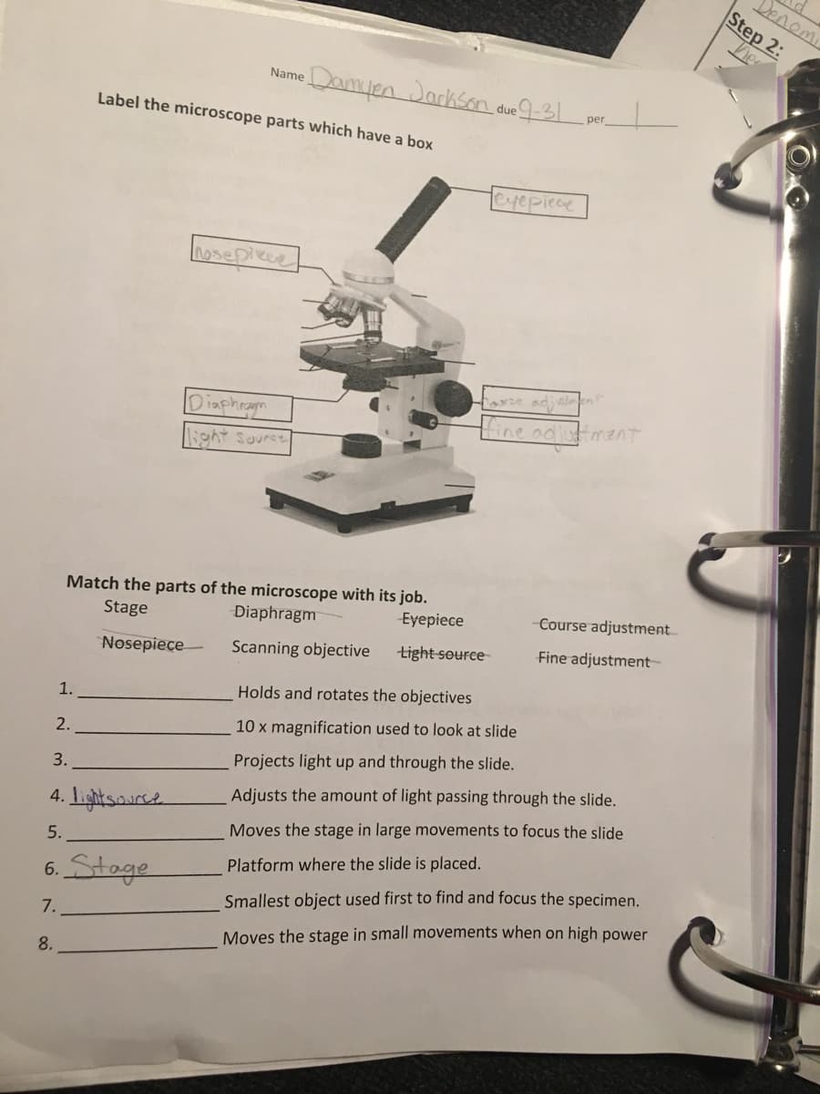 Denomi
Step 2:
he
•Damyen Jackson due 9-31
Name
per
Label the microscope parts which have a box
eyepiece
nosepiece
Diaphragn
ine adiuttment
Light Souret
Match the parts of the microscope with its job.
Diaphragm
-Eyepiece
Course adjustment
Stage
tight source
Fine adjustment
Nosepiece-
Scanning objective
Holds and rotates the objectives
1.
10 x magnification used to look at slide
2.
Projects light up and through the slide.
3.
Adjusts the amount of light passing through the slide.
4. Lghtsauree
Moves the stage in large movements to focus the slide
5.
Platform where the slide is placed.
6. Stoge
Smallest object used first to find and focus the specimen.
7.
Moves the stage in small movements when on high power
8.
