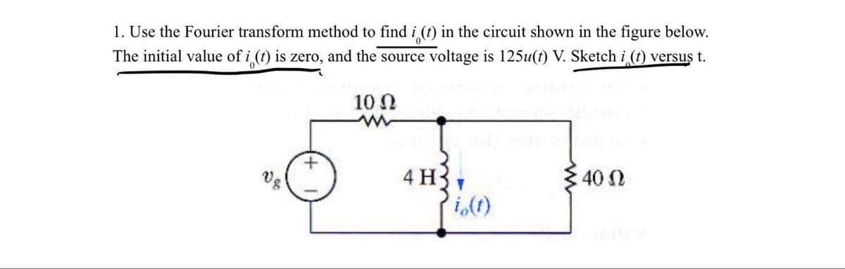 1. Use the Fourier transform method to find i(t) in the circuit shown in the figure below.
The initial value of i (t) is zero, and the source voltage is 125u(t) V. Sketch i (t) versus t.
10 Ω
w
+
4 H
40 Ω
Pi(t)