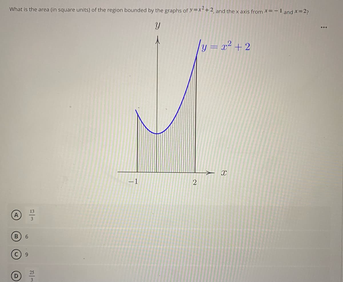 What is the area (in square units) of the region bounded by the graphs of y x+2, and the x axis from *=- 1 and *=27
y = x² + 2
-1
2
13
6.
