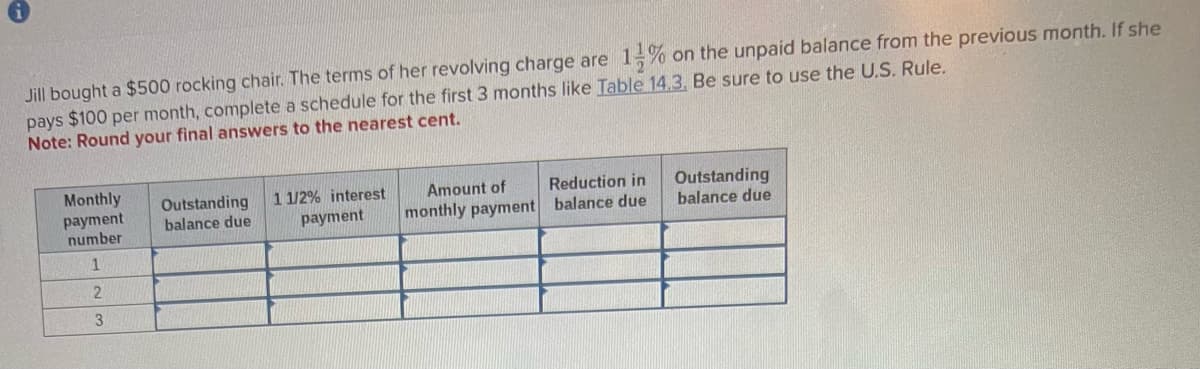 Jill bought a $500 rocking chair. The terms of her revolving charge are 1% on the unpaid balance from the previous month. If she
pays $100 per month, complete a schedule for the first 3 months like Table 14.3. Be sure to use the U.S. Rule.
Note: Round your final answers to the nearest cent.
Monthly
payment
number
1
2
3
Outstanding
balance due
1 1/2 % interest
payment
Amount of
monthly payment
Reduction in
balance due
Outstanding
balance due