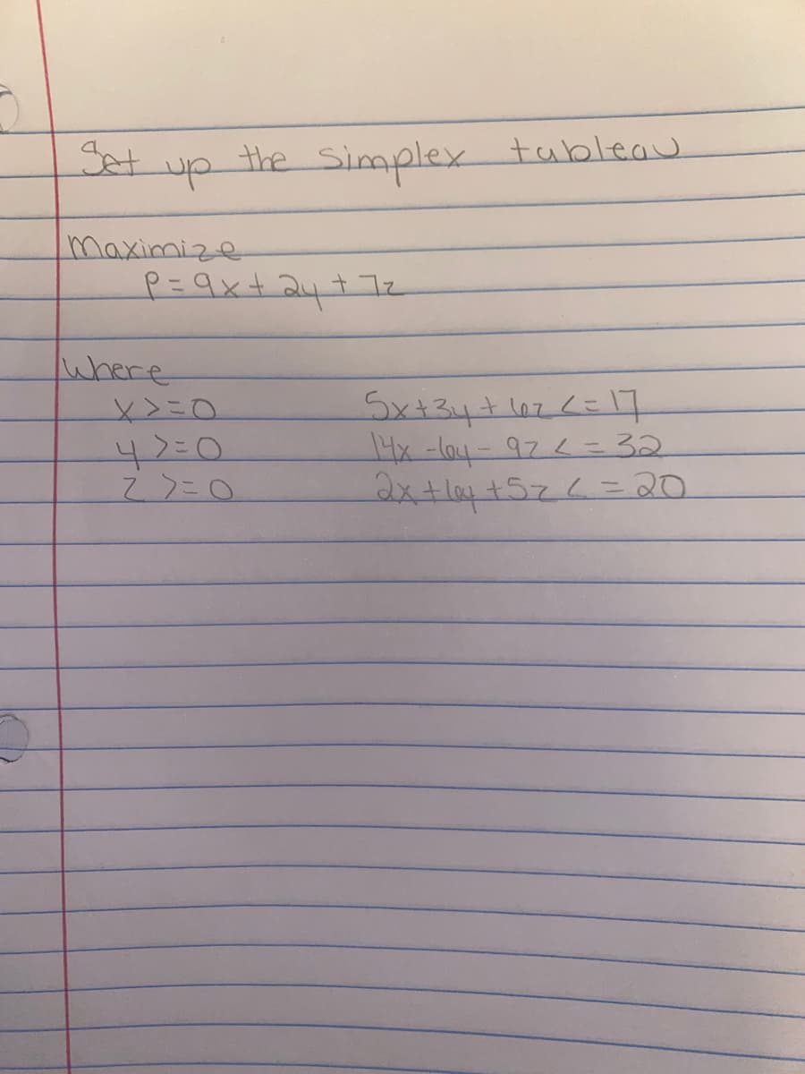 Set
the Simplex tableau
Maximize
P=9x+ 24+z
Where
ミくX
2>こ0
Sx+34+1476=17
4x-la4-97<=32
dxtlay +57 =20
