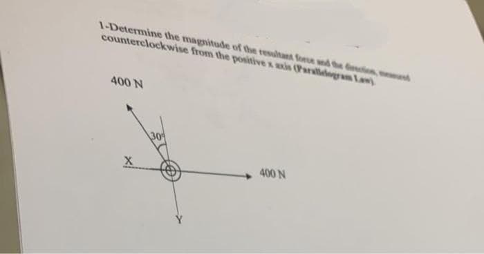 1-Determine the magnitude of the resultant force and the direction, met
counterclockwise from the positive x axis (Parallelogram Law)
400 N
X
30
400 N