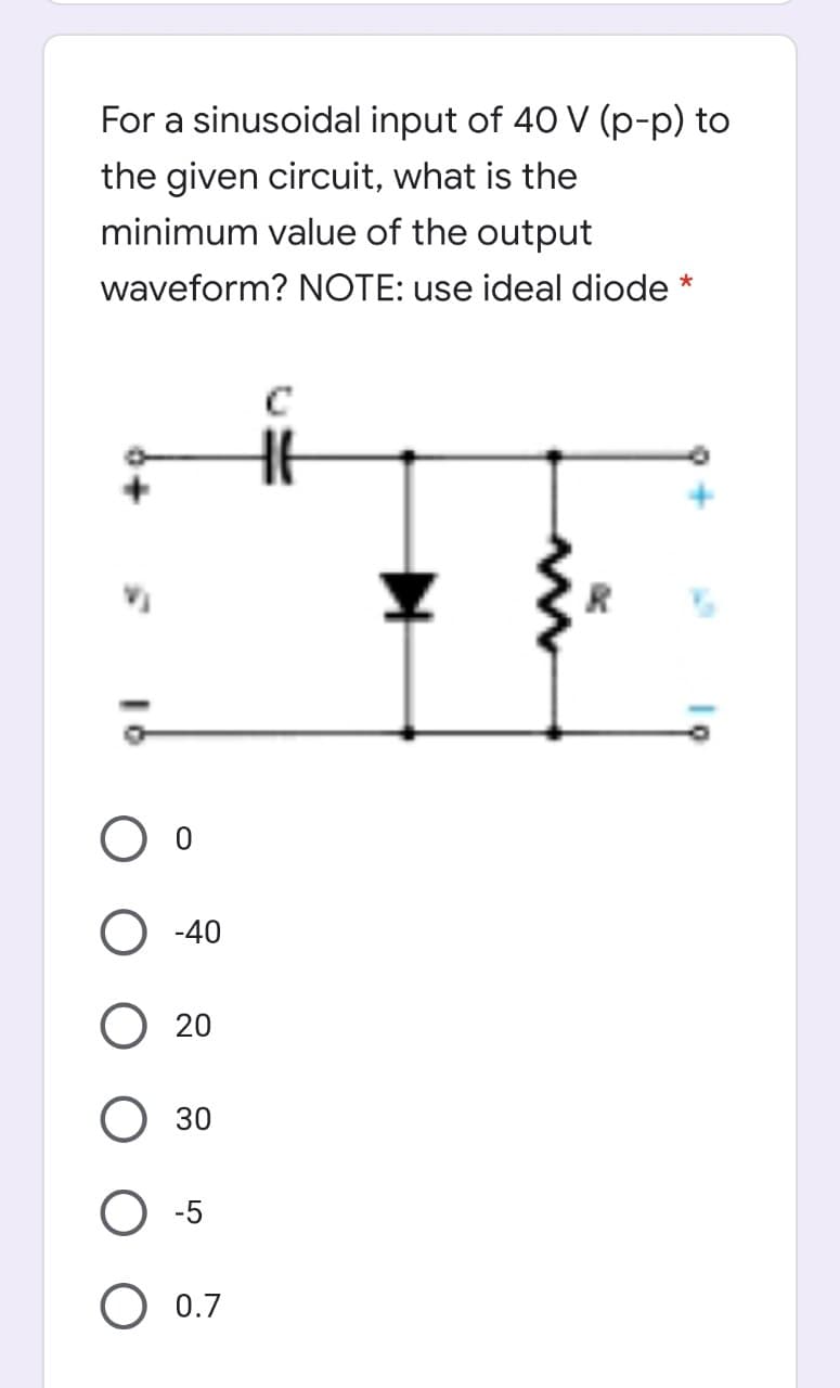 For a sinusoidal input of 40 V (p-p) to
the given circuit, what is the
minimum value of the output
waveform? NOTE: use ideal diode
-40
20
30
O -5
О 07
