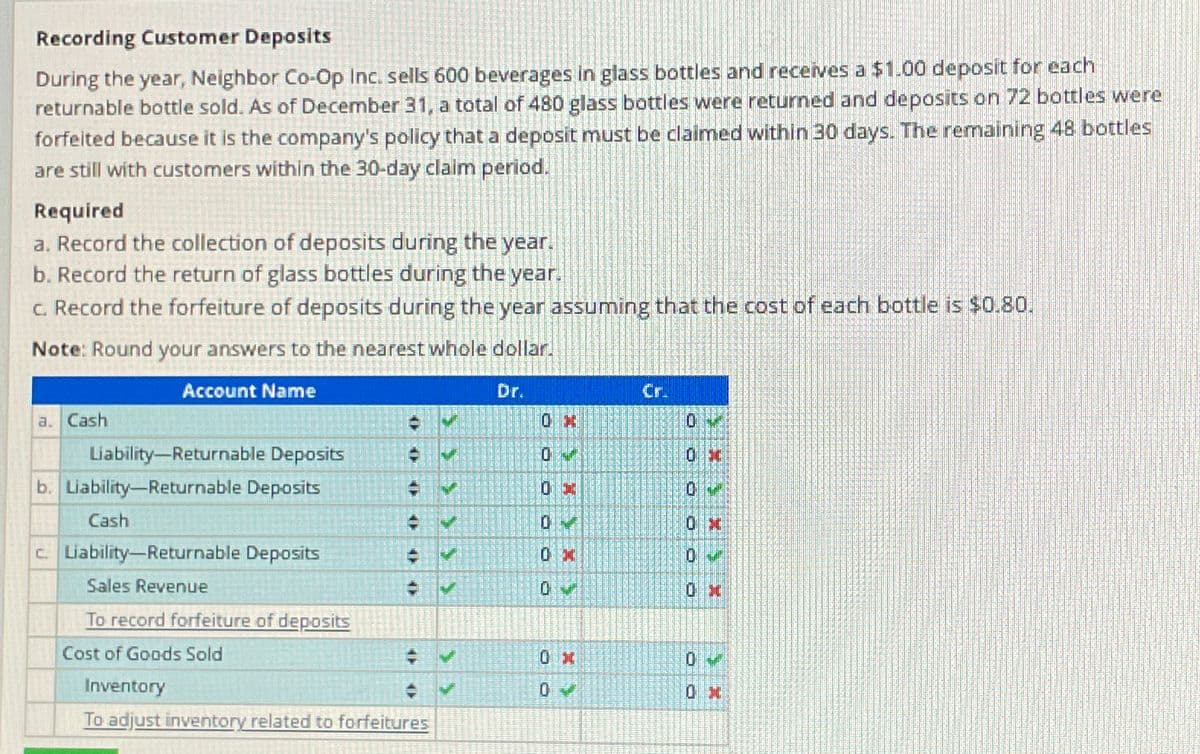 Recording Customer Deposits
During the year, Neighbor Co-Op Inc. sells 600 beverages in glass bottles and receives a $1.00 deposit for each
returnable bottle sold. As of December 31, a total of 480 glass bottles were returned and deposits on 72 bottles were
forfeited because it is the company's policy that a deposit must be claimed within 30 days. The remaining 48 bottles
are still with customers within the 30-day claim period.
Required
a. Record the collection of deposits during the year.
b. Record the return of glass bottles during the year.
c. Record the forfeiture of deposits during the year assuming that the cost of each bottle is $0.80.
Note: Round your answers to the nearest whole dollar.
a. Cash
Account Name
Liability-Returnable Deposits
b. Liability-Returnable Deposits
Cash
c. Liability-Returnable Deposits
Sales Revenue
To record forfeiture of deposits
Cost of Goods Sold
Inventory
To adjust inventory related to forfeitures
Dr.
Cr
01
0X
оооооо
0*
07
01
0x
07
0
0X