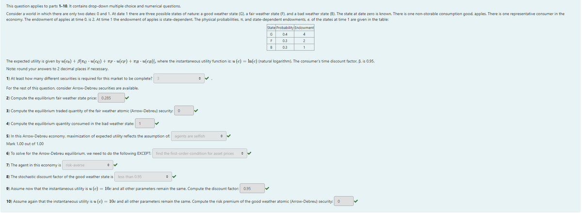 This question applies to parts 1-10. It contains drop-down multiple choice and numerical questions.
Consider a world in which there are only two dates: 0 and 1. At date 1 there are three possible states of nature: a good weather state (G), a fair weather state (F), and a bad weather state (B). The state at date zero is known. There is one non-storable consumption good, apples. There is one representative consumer in the
economy. The endowment of apples at time 0, is 2. At time 1 the endowment of apples is state-dependent. The physical probabilities, it, and state-dependent endowments, e, of the states at time 1 are given in the table:
3) Compute the equilibrium traded quantity of the fair weather atomic (Arrow-Debreu) security: 0
4) Compute the equilibrium quantity consumed in the bad weather state: 1
5) In this Arrow-Debreu economy, maximization of expected utility reflects the assumption of: agents are selfish
Mark 1.00 out of 1.00
6) To solve for the Arrow-Debreu equilibrium, we need to do the following EXCEPT: find the first-order-condition for asset prices ♦
7) The agent in this economy is
The expected utility is given by u(co) + B[Tc · u(cc) + πF · u(CF) + πB · u(CB)], where the instantaneous utility function is: u (c) = ln(c) (natural logarithm). The consumer's time discount factor, B, is 0.95.
Note: round your answers to 2 decimal places if necessary.
1) At least how many different securities is required for this market to be complete? 3
For the rest of this question, consider Arrow-Debreu securities are available.
2) Compute the equilibrium fair weather state price: 0.285
risk-averse
♦
8) The stochastic discount factor of the good weather state is
State Probability Endowment
0.4
4
0.3
0.3
less than 0.95
F
B
2
1
9) Assume now that the instantaneous utility is u (c) = 10c and all other parameters remain the same. Compute the discount factor: 0.95
10) Assume again that the instantaneous utility is u (c) = 10c and all other parameters remain the same. Compute the risk premium of the good weather atomic (Arrow-Debreu) security: 0