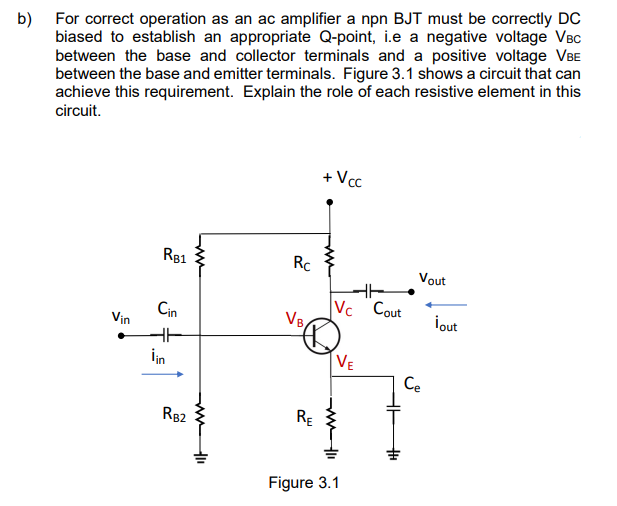 b) For correct operation as an ac amplifier a npn BJT must be correctly DC
biased to establish an appropriate Q-point, i.e a negative voltage VBC
between the base and collector terminals and a positive voltage VBE
between the base and emitter terminals. Figure 3.1 shows a circuit that can
achieve this requirement. Explain the role of each resistive element in this
circuit.
Vin
RB1
Cin
iin
5
RB2
www
ww
20⁰
Rc
VB,
RE
+ Vcc
Vc Cout
VE
Figure 3.1
Vout
Ce
¡out