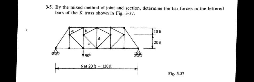 3-5. By the mixed method of joint and section, determine the bar forces in the lettered
bars of the K truss shown in Fig. 3-37.
20 ft
V 90*
6 at 20 ft = 120 ft
Fig. 3-37
