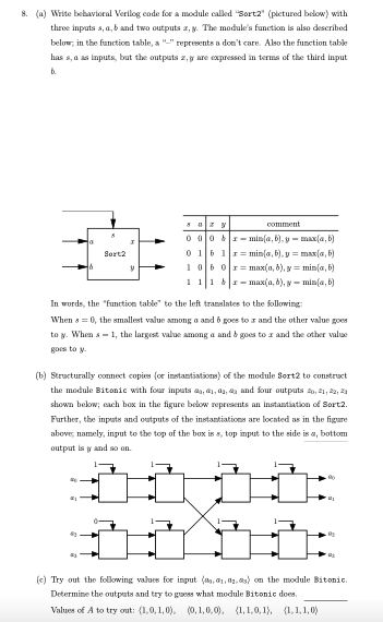 8. (a) Write behavioral Verilog code for a module called "Sort2" (pictured below) with
three inputs s, a,b and two outputs z, y. The module's function is also described
below, in the function table, a "" represents a don't care. Also the function table
has s, a as inputs, but the outputs z,y are expressed in terms of the third input
b
I
Sort2
#1
comment
000-min(a, b), y-max(a, b)
min(a, b), y = max(a, b)
max(a, b), y min(a, b)
11-max(a, b), y = min(a, b)
0 161
1060
1
In words, the "function table to the left translates to the following:
Whens = 0, the smallest value among a and 6 goes to ar and the other value goes
to y. When s-1, the largest value among a and & goes to x and the other value
goes to y.
8 ay
(b) Structurally connect copies (or instantiations) of the module Sort2 to construct
the module Bitonic with four inputs as, 41, 42, and four outputs 20, 21, 22, 23
shown below; each box in the figure below represents an instantiation of Sort2.
Further, the inputs and outputs of the instantiations are located as in the figure
above, namely, input to the top of the box is s, top input to the side is a, bottom
output is y and so on.
Po
P₂
(c) Try out the following values for imput (₁, ₂.s) on the module Bitonic.
Determine the outputs and try to guess what module Bitonic does.
Values of A to try out: (1,0,1,0), (0,1,0,0), (1,1,0,1), (1,1,1,0)