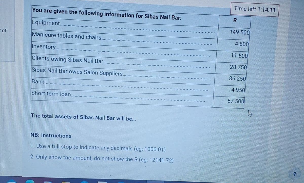 t of
You are given the following information for Sibas Nail Bar:
Equipment....
Manicure tables and chairs...
Inventory.....
Clients owing Sibas Nail Bar..
Sibas Nail Bar owes Salon Suppliers..
Bank
Short term loan..
Time left 1:14:11
R
149 500
4 600
11 500
28 750
86 250
14 950
57 500
The total assets of Sibas Nail Bar will be...
NB: Instructions
1. Use a full stop to indicate any decimals (eg: 1000.01)
2. Only show the amount, do not show the R (eg: 12141.72)
?