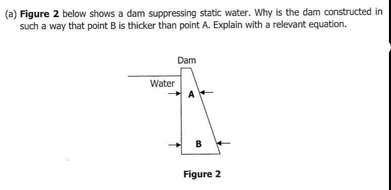 (a) Figure 2 below shows a dam suppressing static water. Why is the dam constructed in
such a way that point B is thicker than point A. Explain with a relevant equation.
Dam
Water
A
в
Figure 2
