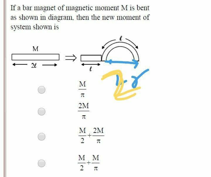 If a bar magnet of magnetic moment M is bent
as shown in diagram, then the new moment of
system shown is
M
20
M
2M
M 2M
2
мм
