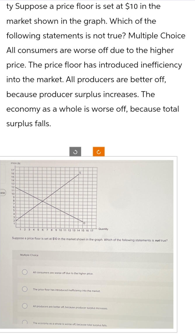 ty Suppose a price floor is set at $10 in the
market shown in the graph. Which of the
following statements is not true? Multiple Choice
All consumers are worse off due to the higher
price. The price floor has introduced inefficiency
into the market. All producers are better off,
because producer surplus increases. The
economy as a whole is worse off, because total
surplus falls.
Price()
17
S
16
15
14
13
12
11
850
10
9
8
5
4
c
8 9 10 11 12 13 14 15 16 17
Quantity
Suppose a price floor is set at $10 in the market shown in the graph. Which of the following statements is not true?
Multiple Choice
O
All consumers are worse off due to the higher price.
The price floor has introduced inefficiency into the market.
All producers are better off, because producer surplus increases.
The economy as a whole is worse off, because total surplus falls.