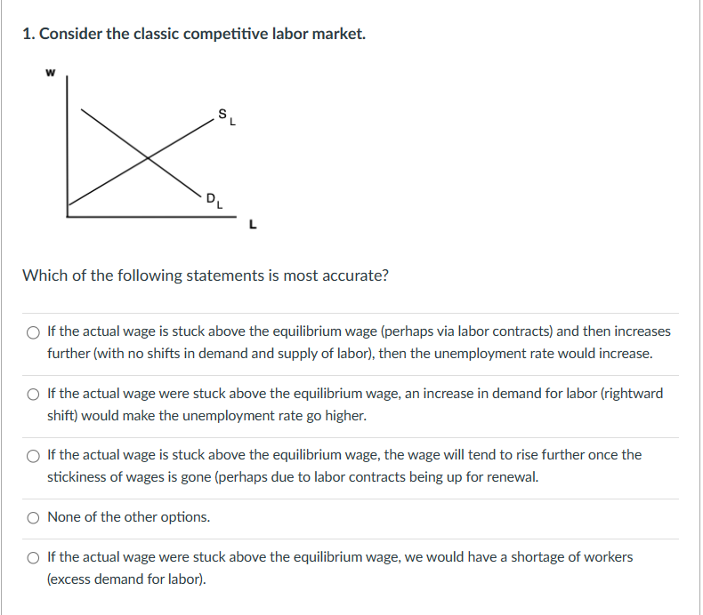 1. Consider the classic competitive labor market.
W
S
L
DL
Which of the following statements is most accurate?
If the actual wage is stuck above the equilibrium wage (perhaps via labor contracts) and then increases
further (with no shifts in demand and supply of labor), then the unemployment rate would increase.
If the actual wage were stuck above the equilibrium wage, an increase in demand for labor (rightward
shift) would make the unemployment rate go higher.
If the actual wage is stuck above the equilibrium wage, the wage will tend to rise further once the
stickiness of wages is gone (perhaps due to labor contracts being up for renewal.
O None of the other options.
○ If the actual wage were stuck above the equilibrium wage, we would have a shortage of workers
(excess demand for labor).