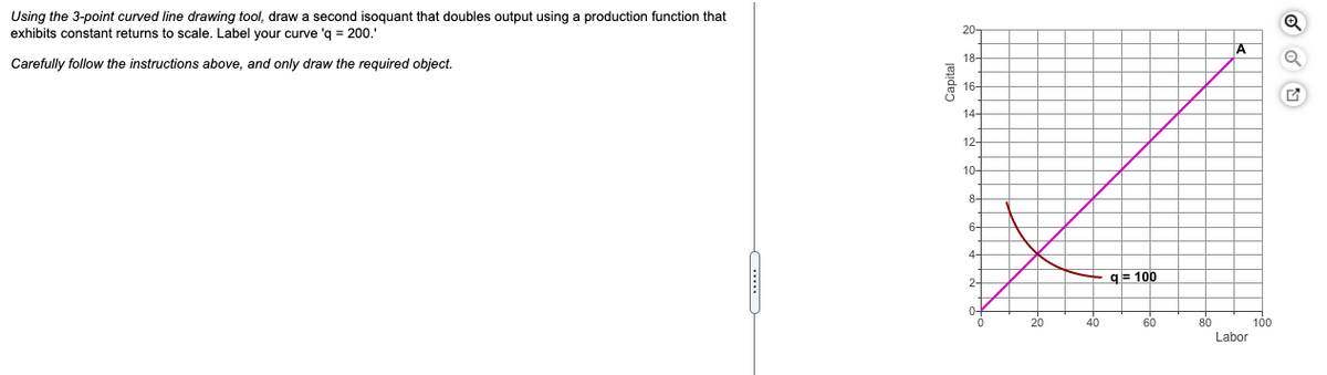 Using the 3-point curved line drawing tool, draw a second isoquant that doubles output using a production function that
exhibits constant returns to scale. Label your curve 'q = 200.'
Carefully follow the instructions above, and only draw the required object.
Capital
20-
18-
16-
14-
12-
10-
8-
6-
4-
2-
|||
20
40
q=100
60
80
A
Labor
100
Q