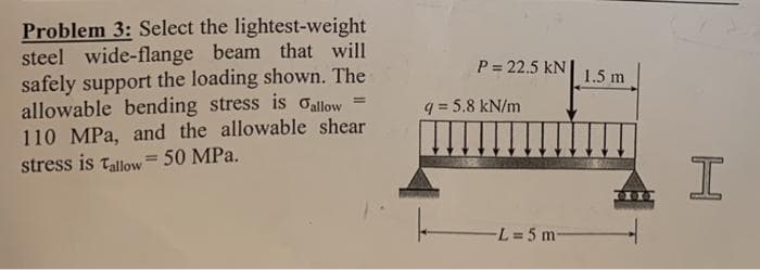 Problem 3: Select the lightest-weight
steel wide-flange beam that will
safely support the loading shown. The
allowable bending stress is allow
110 MPa, and the allowable shear
stress is Tallow = 50 MPa.
=
P = 22.5 kN |
9 = 5.8 kN/m
L = 5m-
1.5 m
I