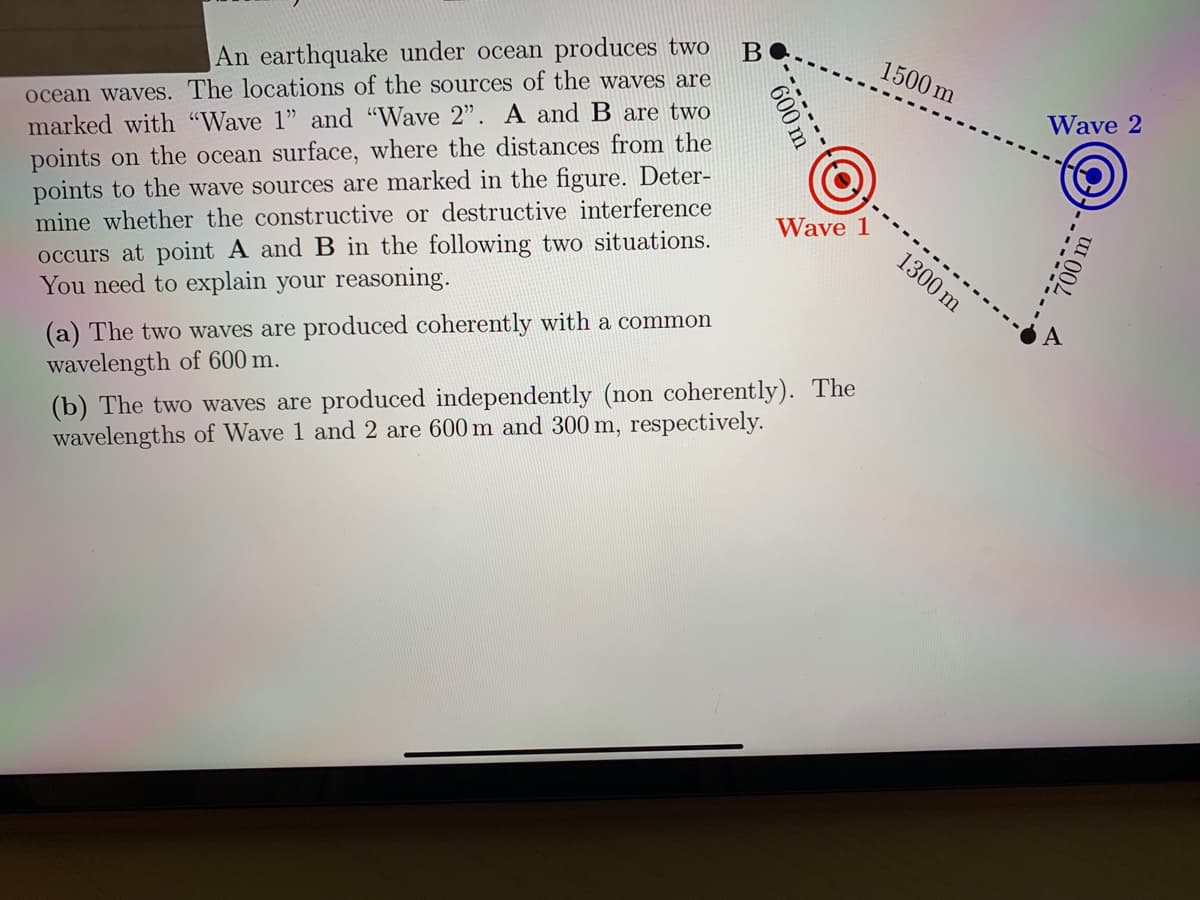 1500 m
An earthquake under ocean produces two
Wave 2
ocean waves. The locations of the sources of the waves are
points on the ocean surface, where the distances from the
points to the wave sources are marked in the figure. Deter-
mine whether the constructive or destructive interference
occurs at point A and B in the following two situations.
You need to explain your reasoning.
marked with "Wave 1" and "Wave 2". A and B are two
Wave 1
1300 m
(a) The two waves are produced coherently with a common
wavelength of 600 m.
(b) The two waves are produced independently (non coherently). The
wavelengths of Wave 1 and 2 are 600 m and 300 m, respectively.
- 600 m
700 m
