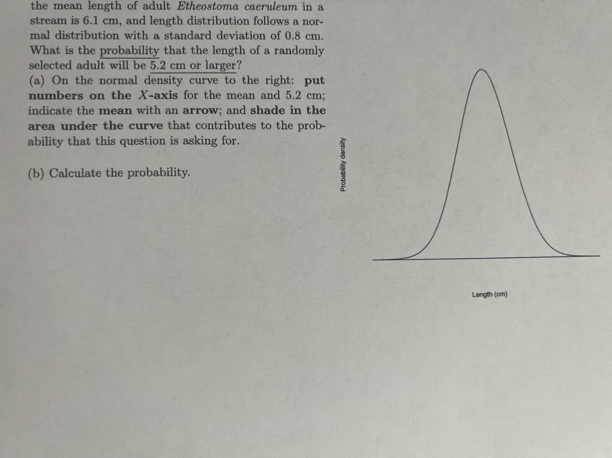 the mean length of adult Etheostoma caeruleum in a
stream is 6.1 cm, and length distribution follows a nor-
mal distribution with a standard deviation of 0.8 cm.
What is the probability that the length of a randomly
selected adult will be 5.2 cm or larger?
(a) On the normal density curve to the right: put
numbers on the X-axis for the mean and 5.2 cm;
indicate the mean with an arrow; and shade in the
area under the curve that contributes to the prob-
ability that this question is asking for.
(b) Calculate the probability.
Length (cm)
Probability density
