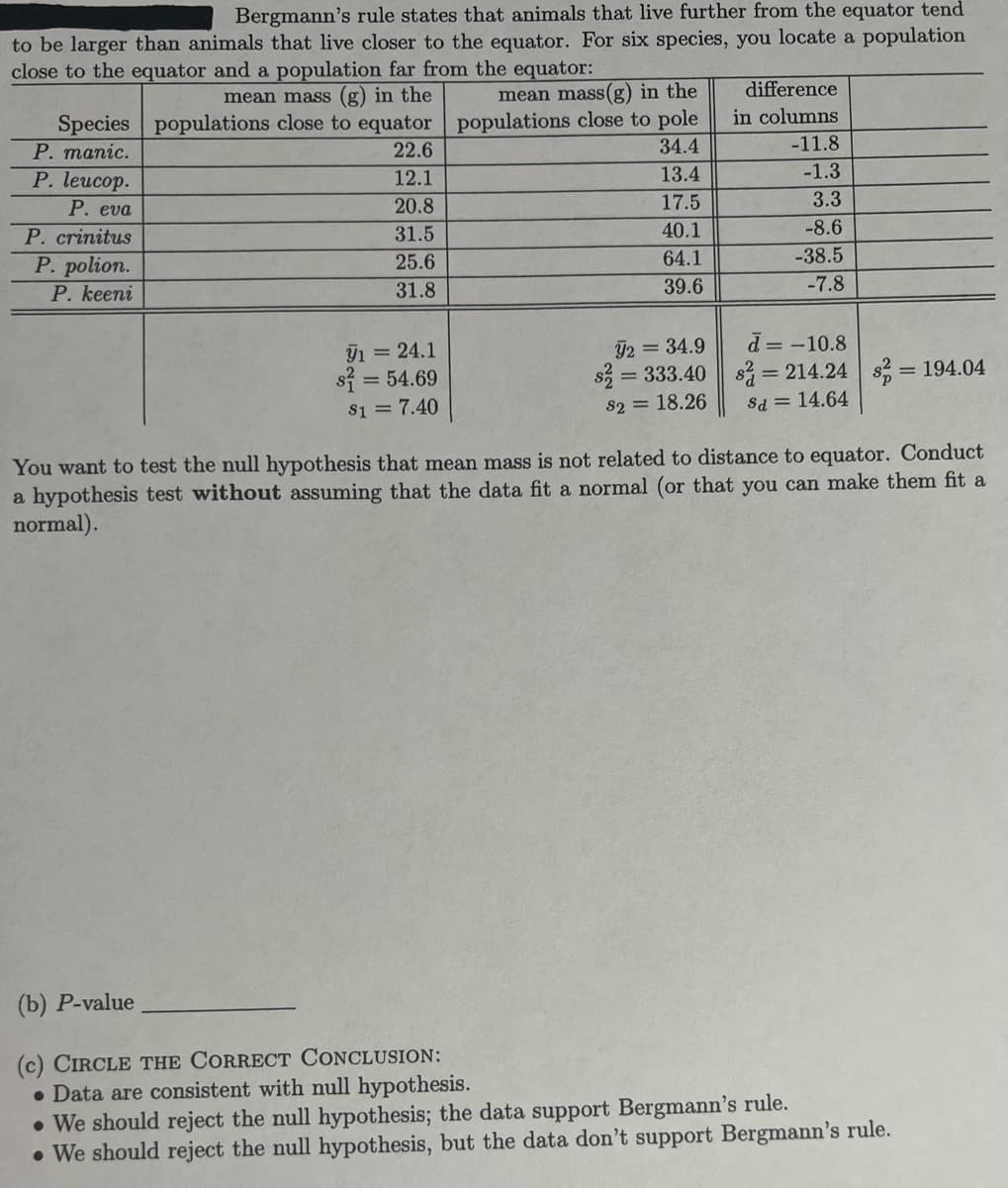 Bergmann's rule states that animals that live further from the equator tend
to be larger than animals that live closer to the equator. For six species, you locate a population
close to the equator and a population far from the equator:
mean mass (g) in the
mean mass(g) in the
difference
in columns
Species populations close to equator populations close to pole
22.6
Р. тапic.
34.4
-11.8
Р. leucop.
13.4
-1.3
12.1
Р. eva
20.8
17.5
3.3
P. crinitus
31.5
40.1
-8.6
25.6
64.1
-38.5
P. polion.
Р. keeni
31.8
39.6
-7.8
1 = 24.1
s = 54.69
Y2 = 34.9
s = 333.40
82 = 18.26
d = -10.8
s = 214.24 s = 194.04
S1 = 7.40
Sd = 14.64
distance to equator. Conduct
You want to test the null hypothesis that mean mass is not related
a hypothesis test without assuming that the data fit a normal (or that you can make them fit a
normal).
(b) Р-value
(c) CIRCLE THE CORRECT CONCLUSION:
• Data are consistent with null hypothesis.
• We should reject the null hypothesis; the data support Bergmann's rule.
• We should reject the null hypothesis, but the data don't support Bergmann's rule.
