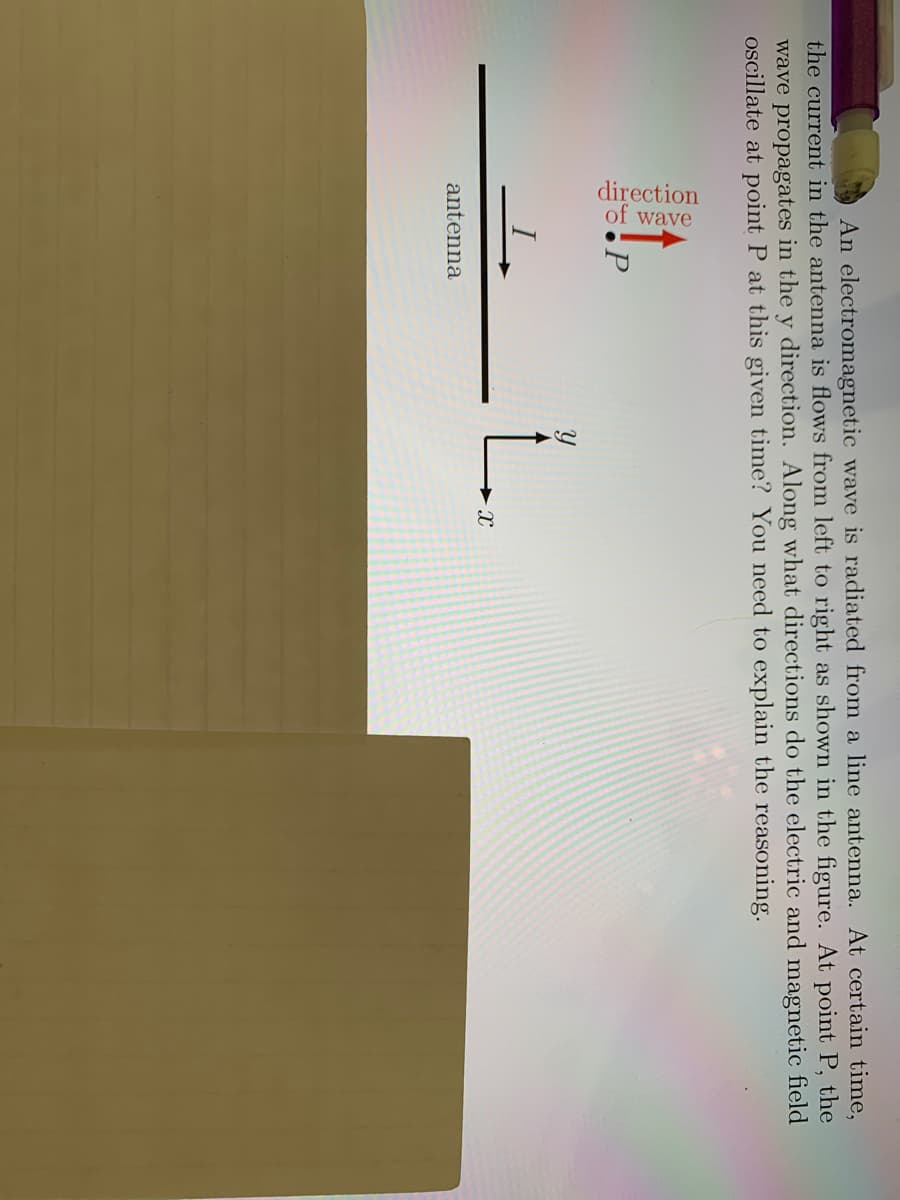 direction
of wave
An electromagnetic wave is radiated from a line antenna. At certain time,
the current in the antenna is flows from left to right as shown in the figure. At point P, the
wave propagates in the y direction. Along what directions do the electric and magnetic field
oscillate at point P at this given time? You need to explain the reasoning.
L.
-X
antenna
