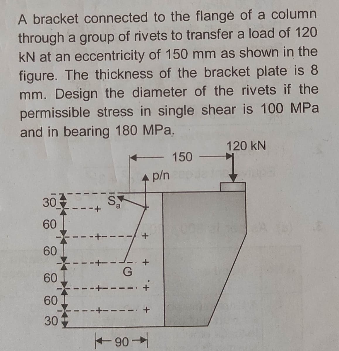 A bracket connected to the flangé of a column
through a group of rivets to transfer a load of 120
kN at an eccentricity of 150 mm as shown in the
figure. The thickness of the bracket plate is 8
mm. Design the diameter of the rivets if the
permissible stress in single shear is 100 MPa
and in bearing 180 MPa.
120 kN
150-
4 p/n
30
60
60
60
G
60
30
90
+.
