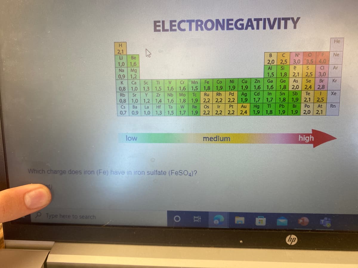 ELECTRONEGATIVITY
Не
H
2,1
Ne
C
LI
Be
2,0 2,5 3,0 3,5 4,0
Si
1,0 1,6
Mg
0,9 1,2
Al
iS
CI
Ar
Na
1,5 1,8 2,1 2,5 3,0
K
Ca
Sc
Ti
Cr
Mn
Fe
Co
Ni
Cu
Zn
Ga
Ge
As
Se
Br
Kr
1,8 1,9 1,9 1,9 1,6 1,6 1,8 2,0 2,4 2,8
Cd
In
0,8 1,0
1,3 1,5 1,6 1,6 1,5
Rb
Sr
Y.
Zr
Nb
Mo
Tc
Ru
Rh
Pd
Ag
Sn
Sb
Te
Xe
0,8 1,0 1,2 1,4 1,6 1,8 1,9 2,2 2,2 2,2 1,9 1,7
Re
1,7 1,8 1,9 2,1 2,5
Hg
1,8
Cs
Ba
La
Hf
Ta
Os
Ir
Pt
Au
TI
Pb
Bi
Po
At
Rn
0,7 0,9 1,0 1,3 1,5 1,7
1,9 2,2 2,2 2,2 2,4 1,9
1,9 1,9 2,0 2,1
low
medium
high
Which charge does iron (Fe) have in iron sulfate (FeSO4)?
Type here to search
