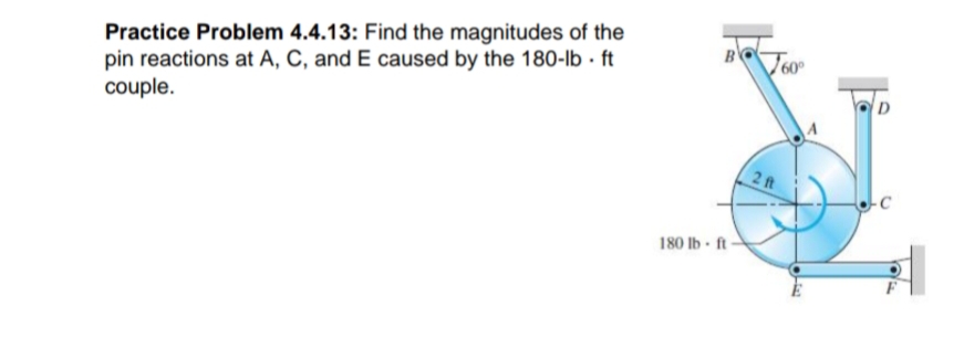 Practice Problem 4.4.13: Find the magnitudes of the
pin reactions at A, C, and E caused by the 180-lb · ft
couple.
B
2ft
180 lb ft
