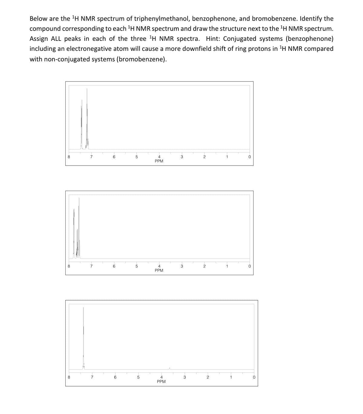 Below are the ¹H NMR spectrum of triphenylmethanol, benzophenone, and bromobenzene. Identify the
compound corresponding to each ¹H NMR spectrum and draw the structure next to the ¹H NMR spectrum.
Assign ALL peaks in each of the three ¹H NMR spectra. Hint: Conjugated systems (benzophenone)
including an electronegative atom will cause a more downfield shift of ring protons in ¹H NMR compared
with non-conjugated systems (bromobenzene).
8
8
7
7
7
6
6
6
5
5
5
4
PPM
4
PPM
4
PPM
3
3
3
2
2
2
1
1
1
0
0
0
