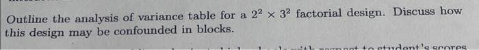 Outline the analysis of variance table for a 22 x 32 factorial design. Discuss how
this design may be confounded in blocks.
comment to student's scores