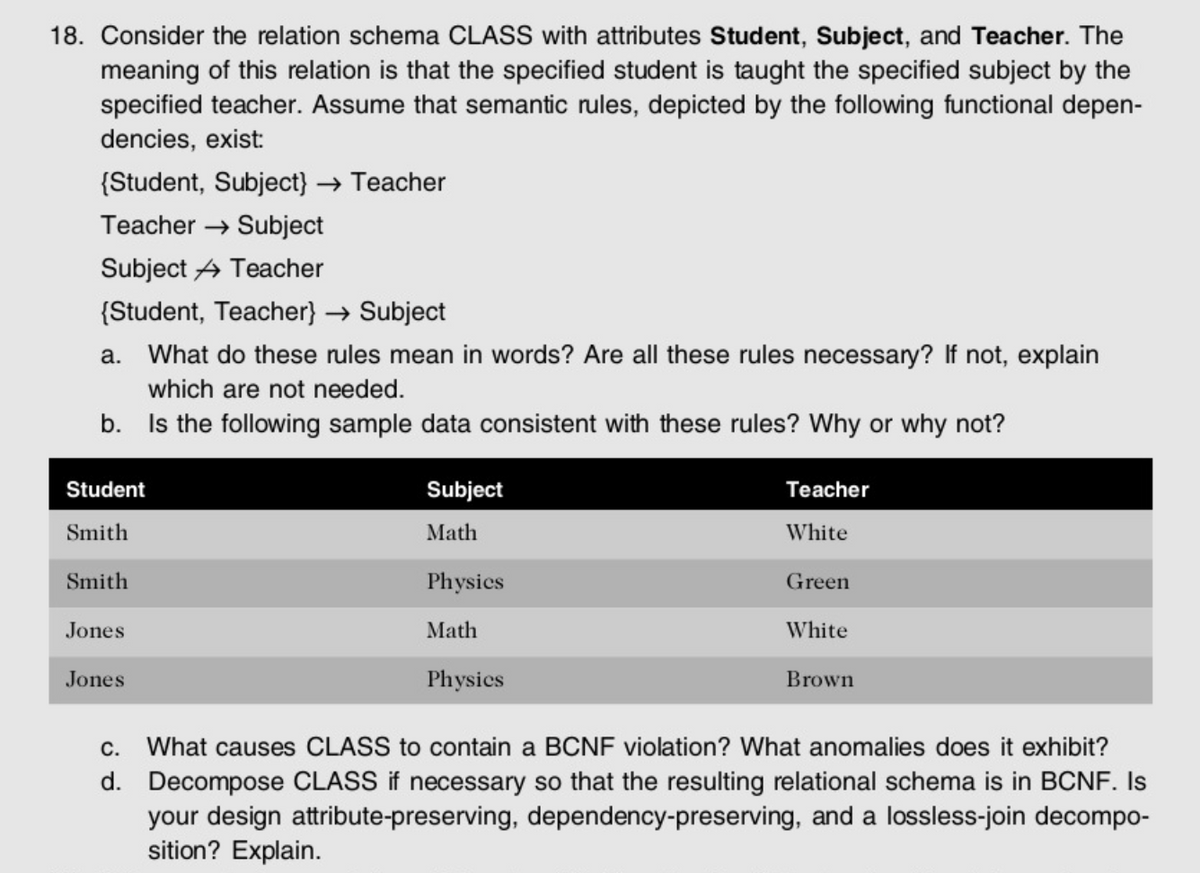 18. Consider the relation schema CLASS with attributes Student, Subject, and Teacher. The
meaning of this relation is that the specified student is taught the specified subject by the
specified teacher. Assume that semantic rules, depicted by the following functional depen-
dencies, exist:
{Student, Subject} → Teacher
Teacher → Subject
Subject A Teacher
{Student, Teacher} → Subject
a. What do these rules mean in words? Are all these rules necessary? If not, explain
which are not needed.
b. Is the following sample data consistent with these rules? Why or why not?
Student
Subject
Teacher
Smith
Math
White
Smith
Physics
Green
Jones
Math
White
Jones
Physics
Brown
С.
What causes CLASS to contain a BCNF violation? What anomalies does it exhibit?
d. Decompose CLASS if necessary so that the resulting relational schema is in BCNF. Is
your design attribute-preserving, dependency-preserving, and a lossless-join decompo-
sition? Explain.
