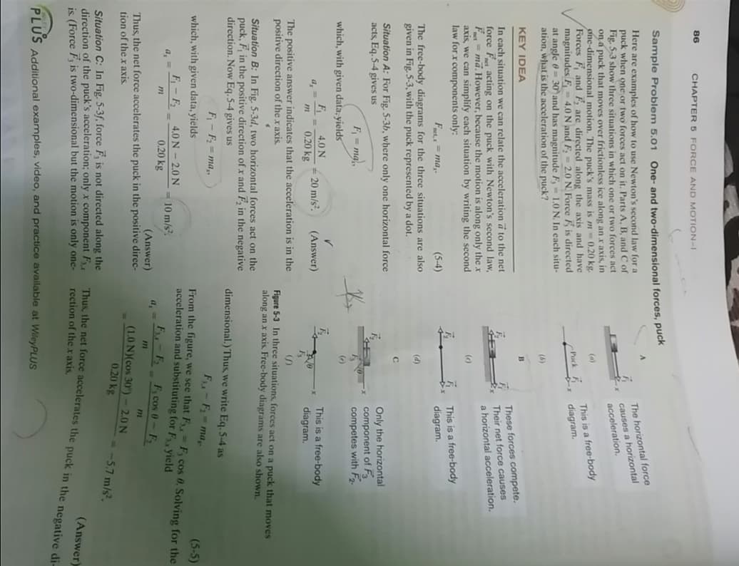 86
CHAPTER 5 FORCE AND MOTION-I
Sample Problem 5,01 One- and two-dimensional forces, puCk
The horizontal force
causes a horizontal
acceleration.
Here are examples of how to use Newton's second law for a
puck when one or two forces act on it. Parts A, B, and C of
Fig. 5,3 show three situations in which one or two forces act
on a puck that moves over frictionless ice along an x axis, in
one-dimensional motion. The puck's mass is m- 0.20 kg.
Forces F and F, are directed along the axis and have
magnitudes F=- 4.0 N and F, - 2,0 N. Force F is directed
at angle 0= 30) and has magnitude F
ation, what is the acceleration of the puck?
This is a free-body
diagram.
(a)
Puck
1.0 N. In each situ-
(6)
KEY IDEA
B
These forces compete.
Their net force causes
a horizontal acceleration.
In each situation we can relate the acceleration a to the net
force Fet acting on the puck with Newton's second law,
F= ma. However, because the motion is along only the x
axis, we can simplify each situation by writing the second
law for x components only:
(0)
This is a free-body
diagram.
Fet,= ma,.
(5-4)
The free-body diagrams for the three situations are also
given in Fig. 5-3, with the puck represented by a dot.
(d)
C
Situation A: For Fig. 5-3b, where only one horizontal force
acts, Eq. 5-4 gives us
Only the horizontal
component of Fa
competes with Fg.
F = ma,,
which, with given data, yields
(6)
F
a, =
m
4.0 N
This is a free-body
diagram.
- 20 m/s.
(Answer)
%3D
0.20 kg
The positive answer indicates that the acceleration is in the
positive direction of the x axis.
Figure 5-3 In three situations, forces act on a puck that moves
along an x axis. Free-body diagrams are also shown.
Situation B: In Fig. 5-3d, two horizontal forces act on the
puck, F, in the positive direction of x and F, in the negative
direction. Now Eq. 5-4 gives us
dimensional.) Thus, we write Eq. 5-4 as
F - F = ma,,
F-F2 ma,.
From the figure, we see that F = F, cos 0. Solving for the
which, with given data, yields
(5-5)
acceleration and substituting for F, yield
F- F;
a, =
4.0 N 2.0 N
= 10 m/s?.
%3D
F-F F cos 0-F,
a,
0.20 kg
(Answer)
Thus, the net force accelerates the puck in the positive direc-
m
(1.0 N)(cos 30) -2.0 N
tion of the x axis.
0.20 kg
-5.7 m/s.
Situation C: In Fig. 5-3f, force F, is not directed along the
direction of the puck's acceleration; only x component F
is. (Force F, is two-dimensional but the motion is only one-
(Answer)
Thus, the net force accelerates the puck in the negative di-
rection of thex axis.
PLUS Additional examples, video, and practice available at WileyPLUS
