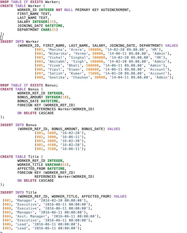 DROP TABLE IF EXISTS Worker;
CREATE TABLE Worker (
);
0
INSERT
);
WORKER_ID INTEGER NOT NULL PRIMARY KEY AUTOINCREMENT,
FIRST NAME TEXT,
LAST NAME TEXT,
SALARY INTEGER (15),
JOINING DATE DATETIME,
DEPARTMENT CHAR (25)
INTO Worker
(WORKER_ID, FIRST_NAME, LAST_NAME, SALARY, JOINING_DATE, DEPARTMENT) VALUES
'Arora', 100000, '14-02-20 09.00.00', 'HR'),
(001, 'Monika',
(002, 'Niharika',
'Verma' 80000, '14-06-11 09.00.00', 'Admin'),
'HR'),
'Admin'),
Admin'),
'Account'),
'Kumar', 75000, '14-01-20 09.00.00', 'Account')
DROP TABLE IF EXISTS Bonus;
CREATE TABLE Bonus (
);
(003, 'Vishal' 'Singhal', 300000, '14-02-20 09.00.00',
(004, 'Amitabh
'Singh', 500000, '14-02-20 09.00.00',
(005, 'Vivek' 'Bhati', 500000, '14-06-11 09.00.00'.
(006, 'Vipul', 'Diwan' 200000, '14-06-11 09.00.00',
(007, 'Satish'
(008, 'Geetika', 'Chauhan', 90000, '14-04-11 09.00.00', 'Admin');
WORKER_REF_ID INTEGER,
BONUS AMOUNT INTEGER(10),
BONUS_DATE DATETIME,
FOREIGN KEY (WORKER_REF_ID)
REFERENCES Worker (WORKER_ID)
ON DELETE CASCADE
INSERT INTO Bonus
(WORKER_REF_ID, BONUS_AMOUNT, BONUS_DATE) VALUES
(001, 5000, '16-02-20'),
(002, 3000,
'16-06-11'),
(003, 4000, '16-02-20'),
(001, 4500, '16-02-20'),
(002, 3500, '16-06-11');
CREATE TABLE Title (
WORKER_REF_ID INTEGER,
WORKER_TITLE VARCHAR(64),
AFFECTED FROM DATETIME,
FOREIGN KEY (WORKER_REF_ID)
REFERENCES Worker (WORKER_ID)
ON DELETE CASCADE
INSERT INTO Title
(WORKER_REF_ID, WORKER_TITLE, AFFECTED_FROM) VALUES
(001, 'Manager', '2016-02-20 00:00:00'),
(002, 'Executive', '2016-06-11 00:00:00'),
(008, 'Executive' '2016-06-11 00:00:00'),
(005, 'Manager', '2016-06-11 00:00:00'),
(004,
'Asst. Manager', '2016-06-11 00:00:00'),
(007, 'Executive', '2016-06-11 00:00:00'),
(006,
'Lead', '2016-06-11 00:00:00'),
(003, 'Lead', '2016-06-11 00:00:00');
I