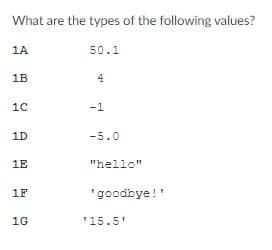 What are the types of the following values?
1A
50.1
1B
4
10
-1
1D
-5.0
1E
"hello"
1F
'goodbye!'
1G
'15.5'
