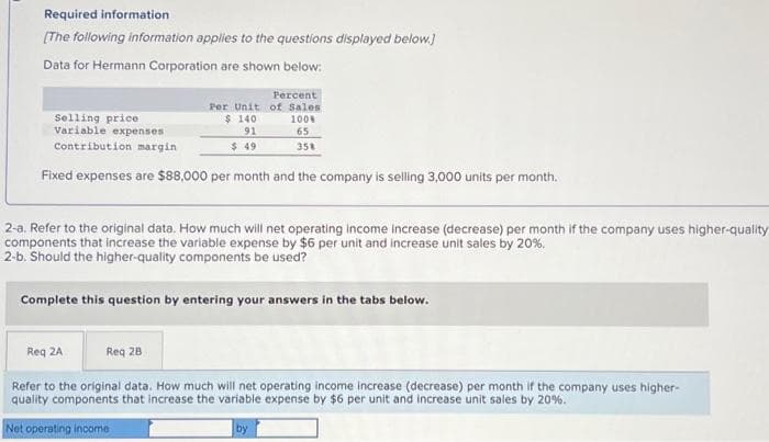 Required information
[The following information applies to the questions displayed below.]
Data for Hermann Corporation are shown below:
Selling price
Variable expenses
Contribution margin
Percent
Per Unit of Sales
$ 140
100%
91
65
$49
358
Fixed expenses are $88,000 per month and the company is selling 3,000 units per month.
2-a. Refer to the original data. How much will net operating income increase (decrease) per month if the company uses higher-quality
components that increase the variable expense by $6 per unit and increase unit sales by 20%.
2-b. Should the higher-quality components be used?
Complete this question by entering your answers in the tabs below.
Req 2A
Req 28
Refer to the original data. How much will net operating income increase (decrease) per month if the company uses higher-
quality components that increase the variable expense by $6 per unit and increase unit sales by 20%.
Net operating income
by