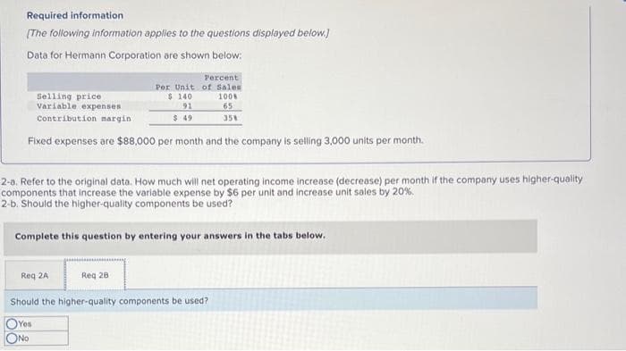 Required information
[The following information applies to the questions displayed below.)
Data for Hermann Corporation are shown below:
Percent
Por Unit of Sales
$ 140
100%
91
65
$.49
35%
Selling price
Variable expenses
Contribution margin
Fixed expenses are $88,000 per month and the company is selling 3,000 units per month.
2-a. Refer to the original data. How much will net operating income increase (decrease) per month if the company uses higher-quality
components that increase the variable expense by $6 per unit and increase unit sales by 20%.
2-b. Should the higher-quality components be used?
Complete this question by entering your answers in the tabs below.
Req 2A
Req 28
Should the higher-quality components be used?
Yes
No