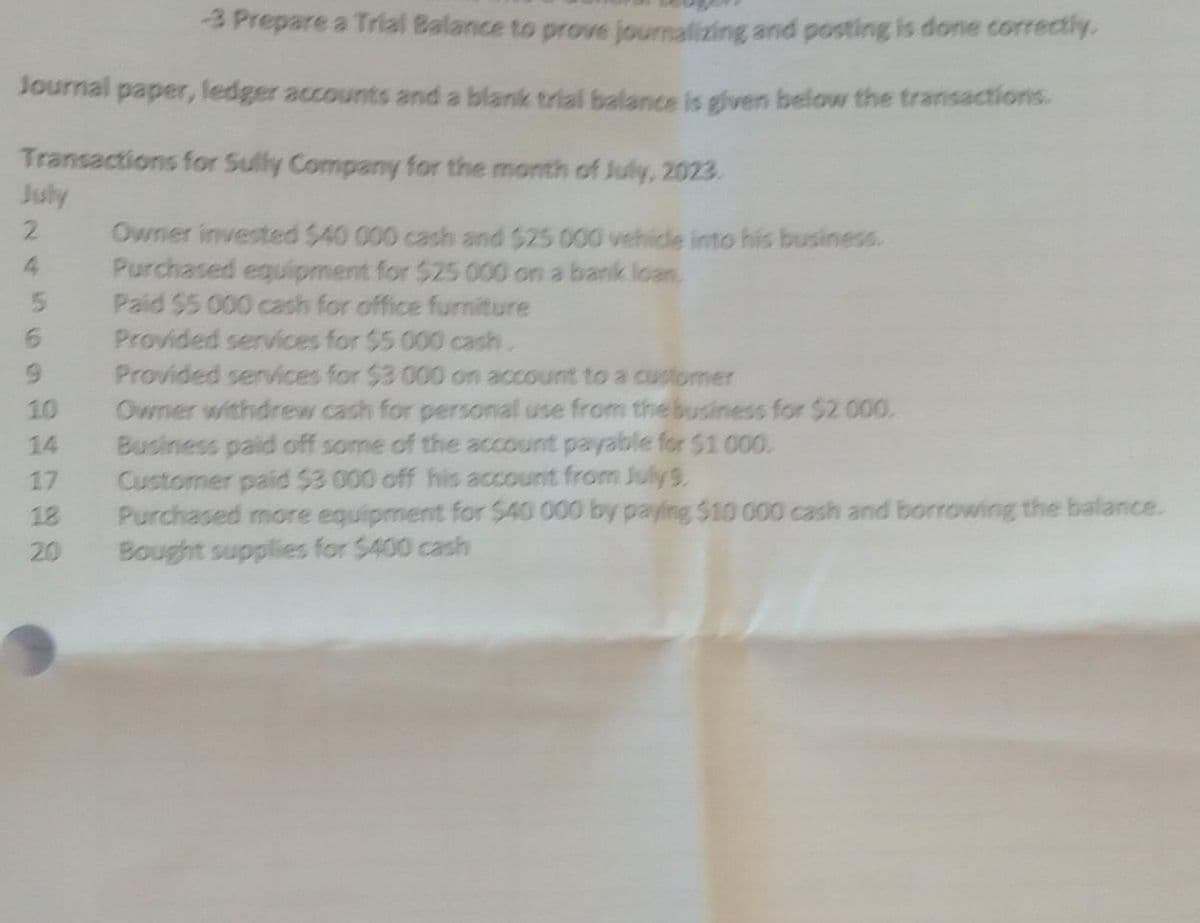 -3 Prepare a Trial Balance to prove journalizing and posting is done correctly.
Journal paper, ledger accounts and a blank trial balance is given below the transactions.
Transactions for Sully Company for the month of July, 2023.
4
5
6
9
14
17
18
20
Owner invested $40 000 cash and $25 000 vehide into his business.
Purchased equipment for $25 000 on a bank loan,
Paid $5 000 cash for office furniture
Provided services for $5 000 cash.
Provided services for $3000 on account to a customer
Owner withdrew cash for personal use from the business for $2.000.
Business paid off some of the account payable for $1.000.
Customer paid $3 000 off his account from Julys,
Purchased more equipment for $40 000 by paying $10 000 cash and borrowing the balance.
Bought supplies for $400 cash