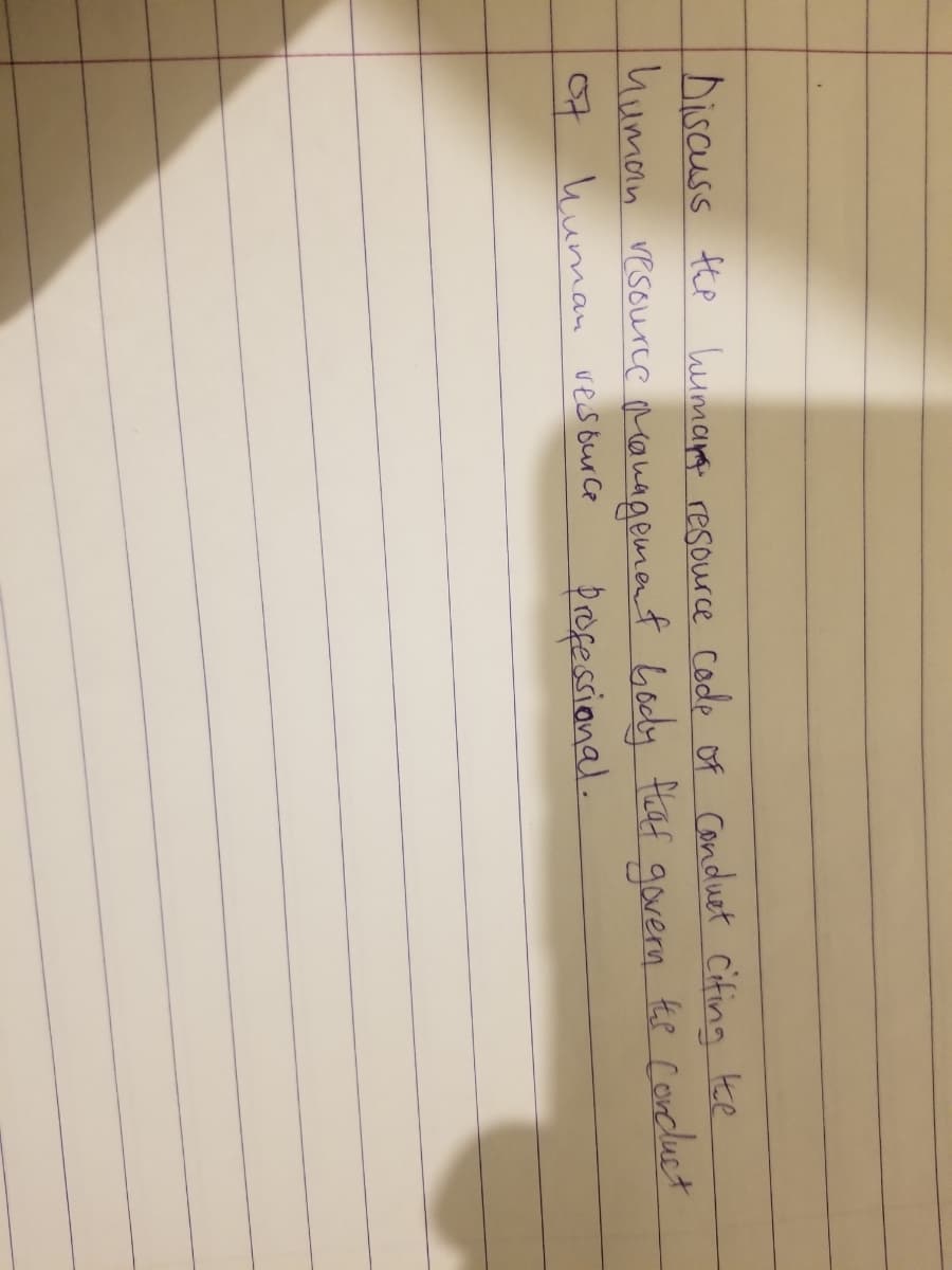 Discuss tte human resource code of Conduet cifing tce
human vesource ranagement
tee condluct
Gooy talt
propesional.
govern.
human ves burce
