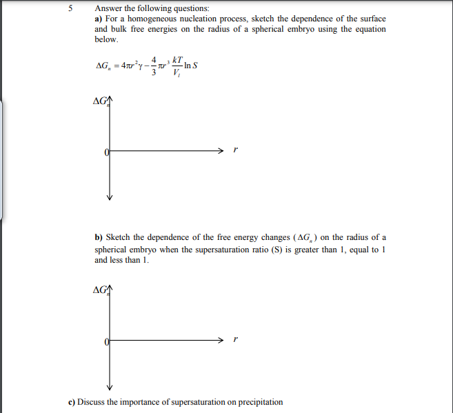 5
Answer the following questions:
a) For a homogeneous nucleation process, sketch the dependence of the surface
and bulk free energies on the radius of a spherical embryo using the equation
below.
kT
AG, = 4rv*y -* inS
V,
AG
> r
b) Sketch the dependence of the free energy changes (AG,) on the radius of a
spherical embryo when the supersaturation ratio (S) is greater than 1, equal to 1
and less than 1.
AG
c) Discuss the importance of supersaturation on precipitation
