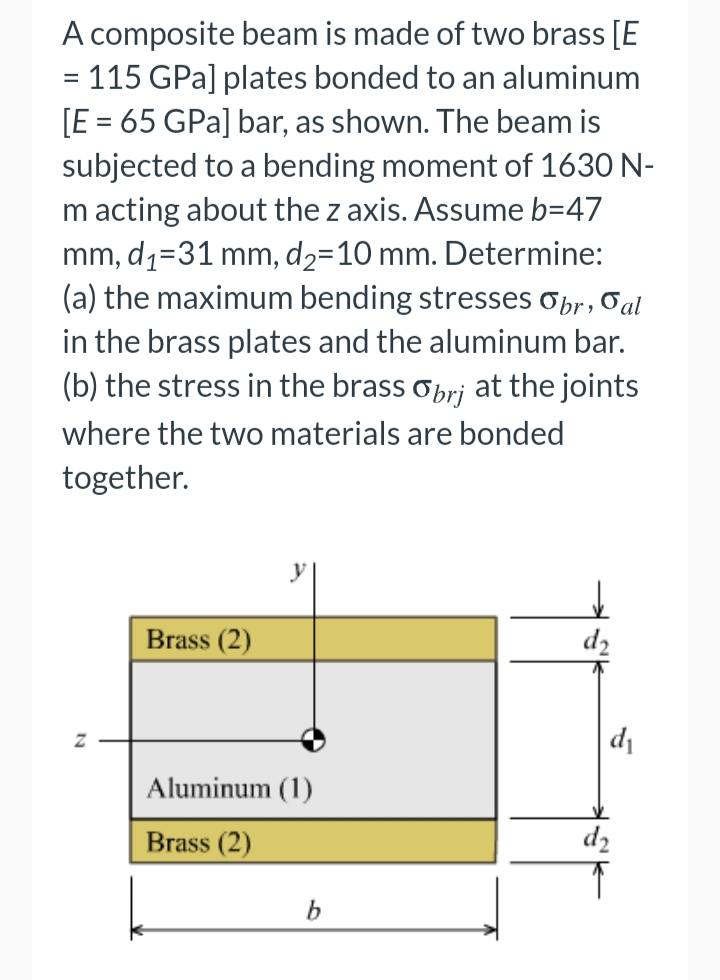 A composite beam is made of two brass [E
= 115 GPa] plates bonded to an aluminum
[E = 65 GPa] bar, as shown. The beam is
subjected to a bending moment of 1630 N-
m acting about the z axis. Assume b=47
mm, d1=31 mm, d2=10 mm. Determine:
(a) the maximum bending stresses opr, Oal
in the brass plates and the aluminum bar.
(b) the stress in the brass oprj at the joints
%3D
where the two materials are bonded
together.
Brass (2)
d2
di
Aluminum (1)
Brass (2)
d2
