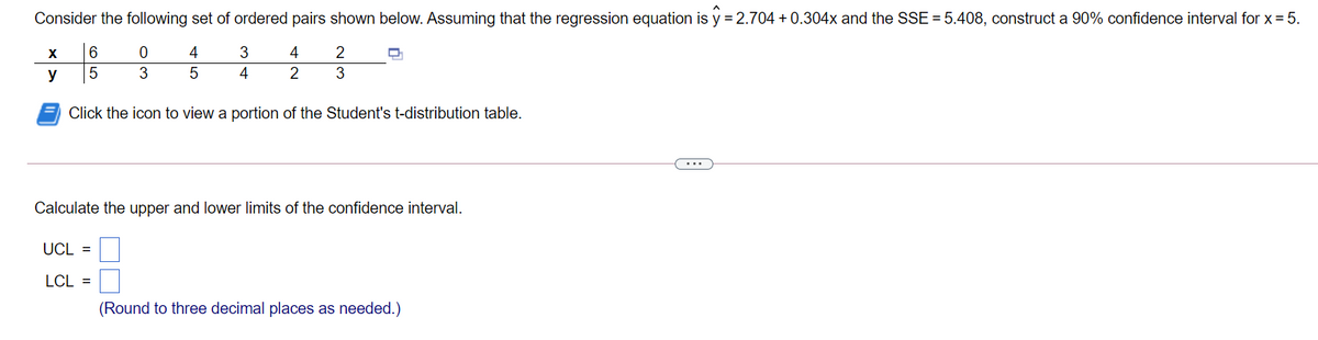 Consider the following set of ordered pairs shown below. Assuming that the regression equation is y = 2.704 + 0.304x and the SSE = 5.408, construct a 90% confidence interval for x= 5.
6
4
3
4
2
y
3
4
2
Click the icon to view a portion of the Student's t-distribution table.
...
Calculate the upper and lower limits of the confidence interval.
UCL =
LCL =
(Round to three decimal places as needed.)
