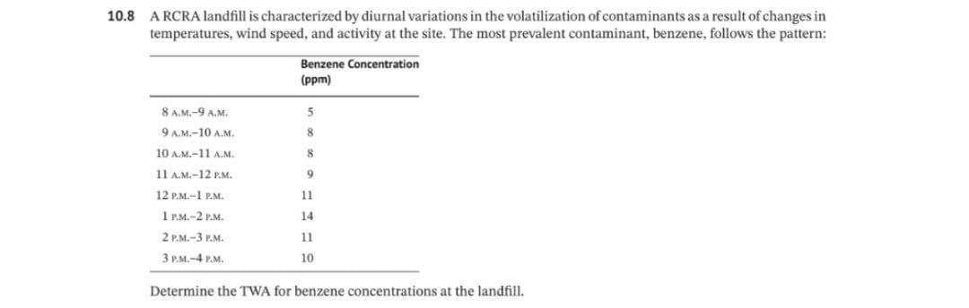 10.8 ARCRA landfill is characterized by diurnal variations in the volatilization of contaminants as a result of changes in
temperatures, wind speed, and activity at the site. The most prevalent contaminant, benzene, follows the pattern:
8 A.M.-9 A.M.
9 A.M.-10 A.M.
10 A.M.-11 A.M.
11 A.M.-12 P.M.
12 P.M.-1 P.M.
1 P.M.-2 P.M.
2 P.M.-3 P.M.
3 P.M.-4 P.M.
Benzene Concentration
(ppm)
5
8
8
9
11
14
11
10
Determine the TWA for benzene concentrations at the landfill.