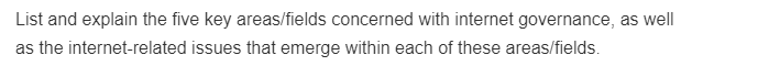 List and explain the five key areas/fields concerned with internet governance, as well
as the internet-related issues that emerge within each of these areas/fields.